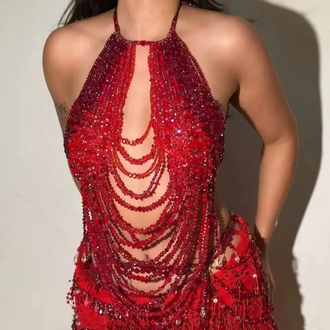 2025 New Red Heavy Metal Beaded Body Chain Hot Girl Style Y2k Cutout Necklace Sexy Nightclub Party Top
