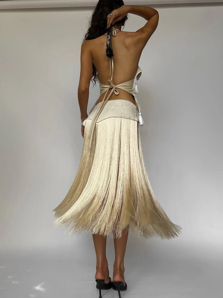 Kliou Sexy Fashion Skirts Suits Woman Halter Bandage Backless Irregular Crop Tops+Tassel Decoration Long Skirts Elegant Outfits