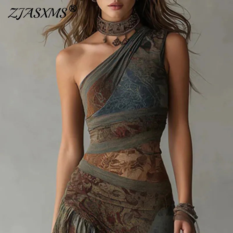 Retro Print Ruched High Split Ruffle Hem Long Dresses Woman Spring Sexy One Shoulder Slim Party Dress New Summer Boho Maxi Dress