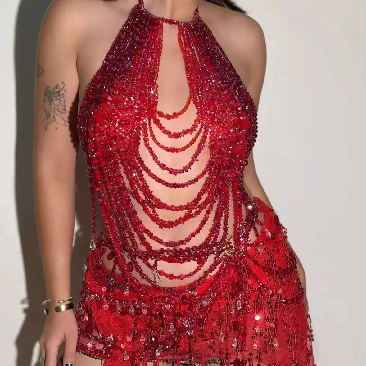 2025 New Red Heavy Metal Beaded Body Chain Hot Girl Style Y2k Cutout Necklace Sexy Nightclub Party Top