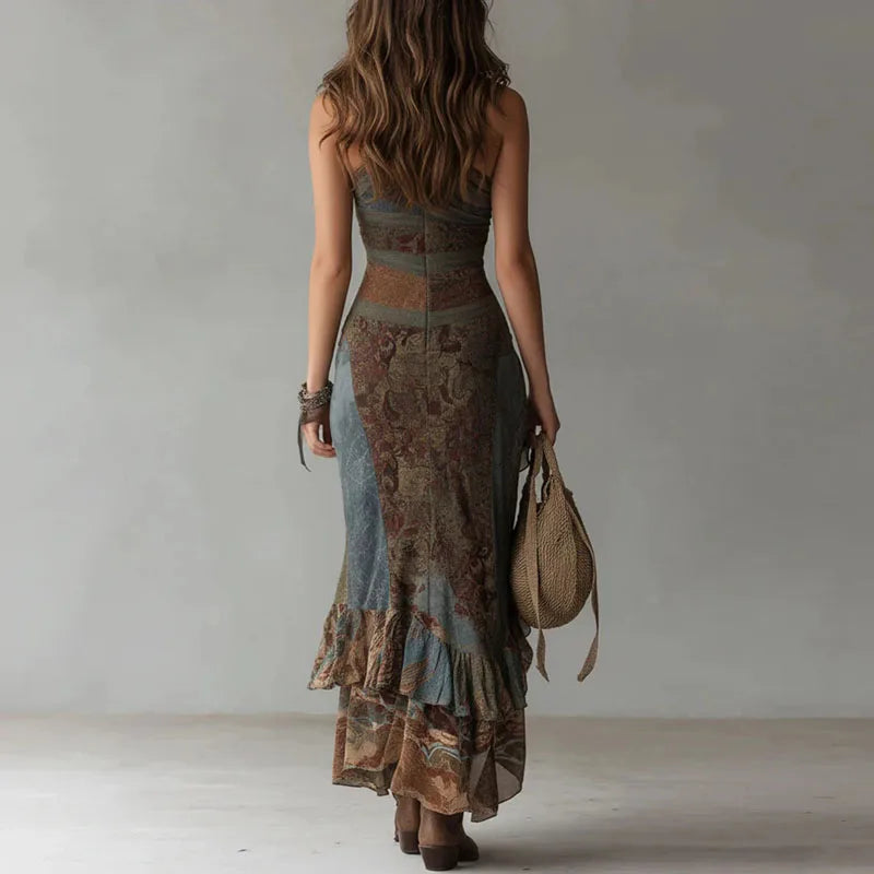 Retro Print Ruched High Split Ruffle Hem Long Dresses Woman Spring Sexy One Shoulder Slim Party Dress New Summer Boho Maxi Dress
