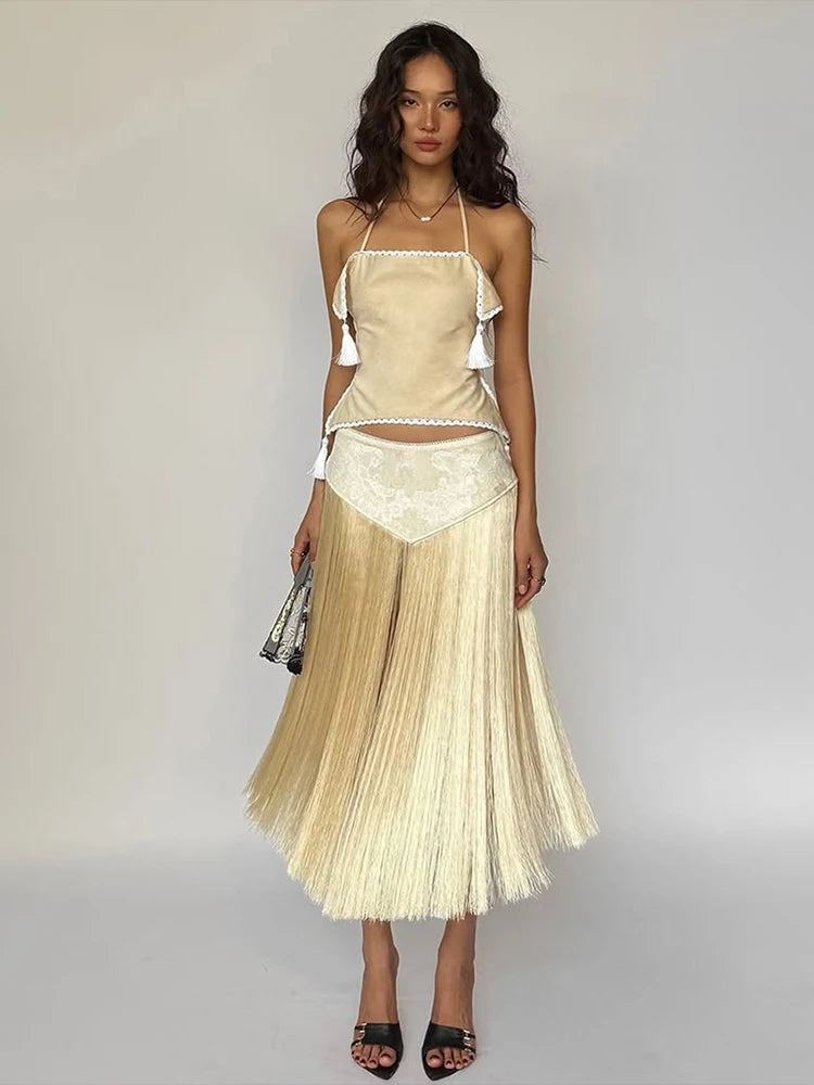 Kliou Sexy Fashion Skirts Suits Woman Halter Bandage Backless Irregular Crop Tops+Tassel Decoration Long Skirts Elegant Outfits