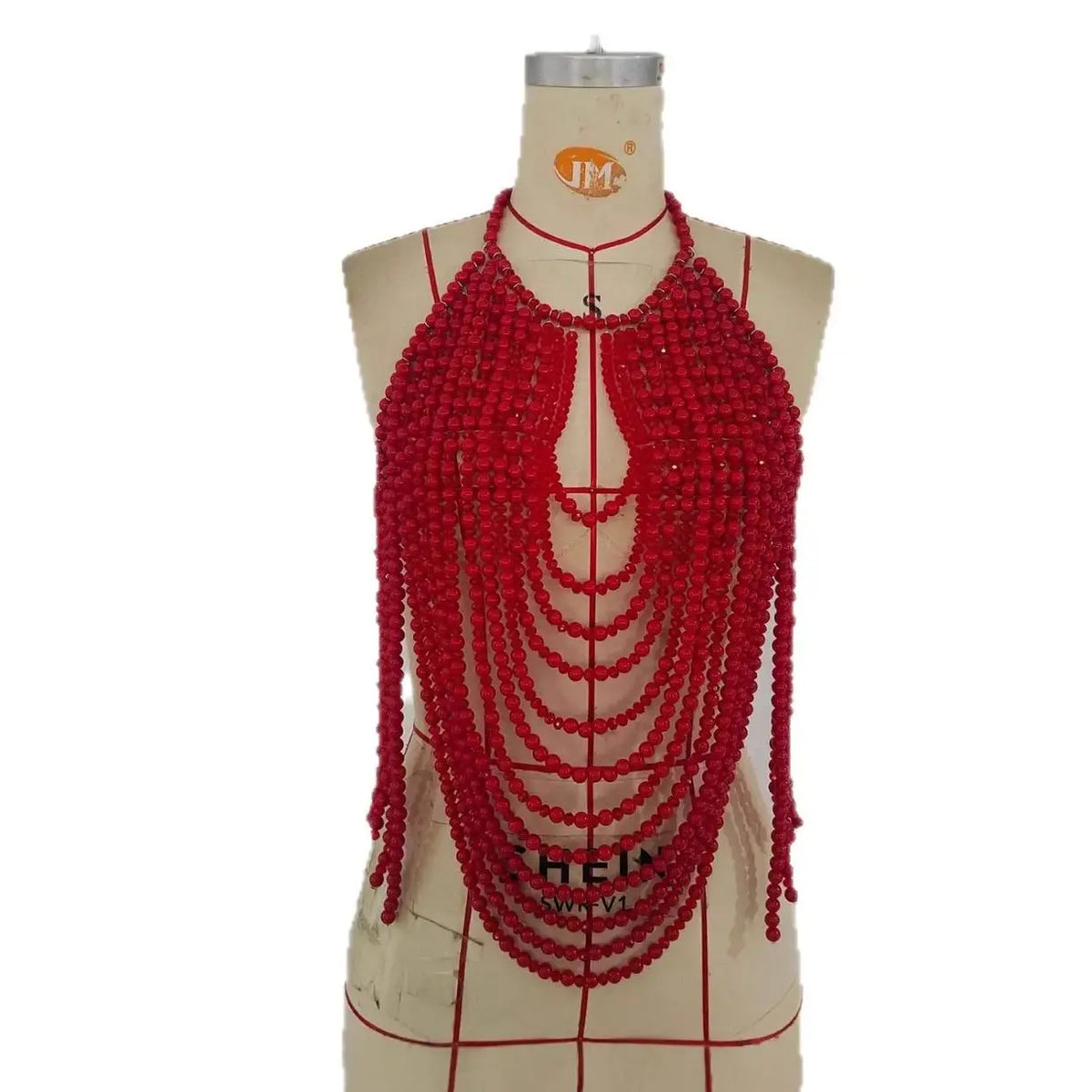 2025 New Red Heavy Metal Beaded Body Chain Hot Girl Style Y2k Cutout Necklace Sexy Nightclub Party Top